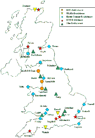 Map of sites using radioactive substances UK
