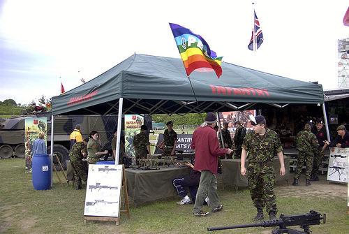 Peace protester at an army recruitment fair UK