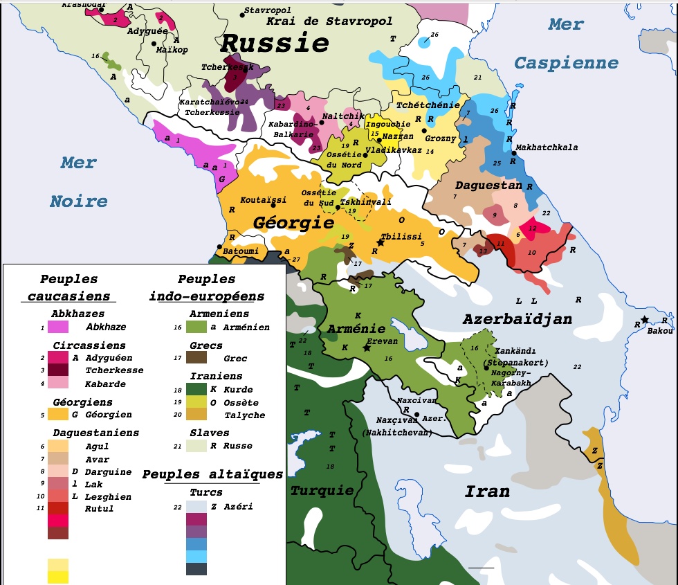 Carte ethnique du Caucase : source <i>CIA world facts</i> (cliquer pour agrandir).