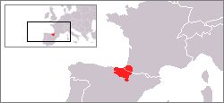 The location of Euskal Herria (Basque Country)in Europe spnning the states of Spain and France.