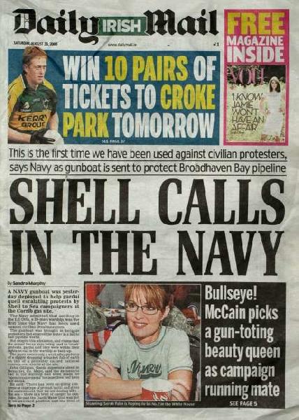 Daily Mail newspaper Ireland showing headlines of Irish Navy deployment of boats to police protesters. The Council of Europe have stated that they will now look into this further.