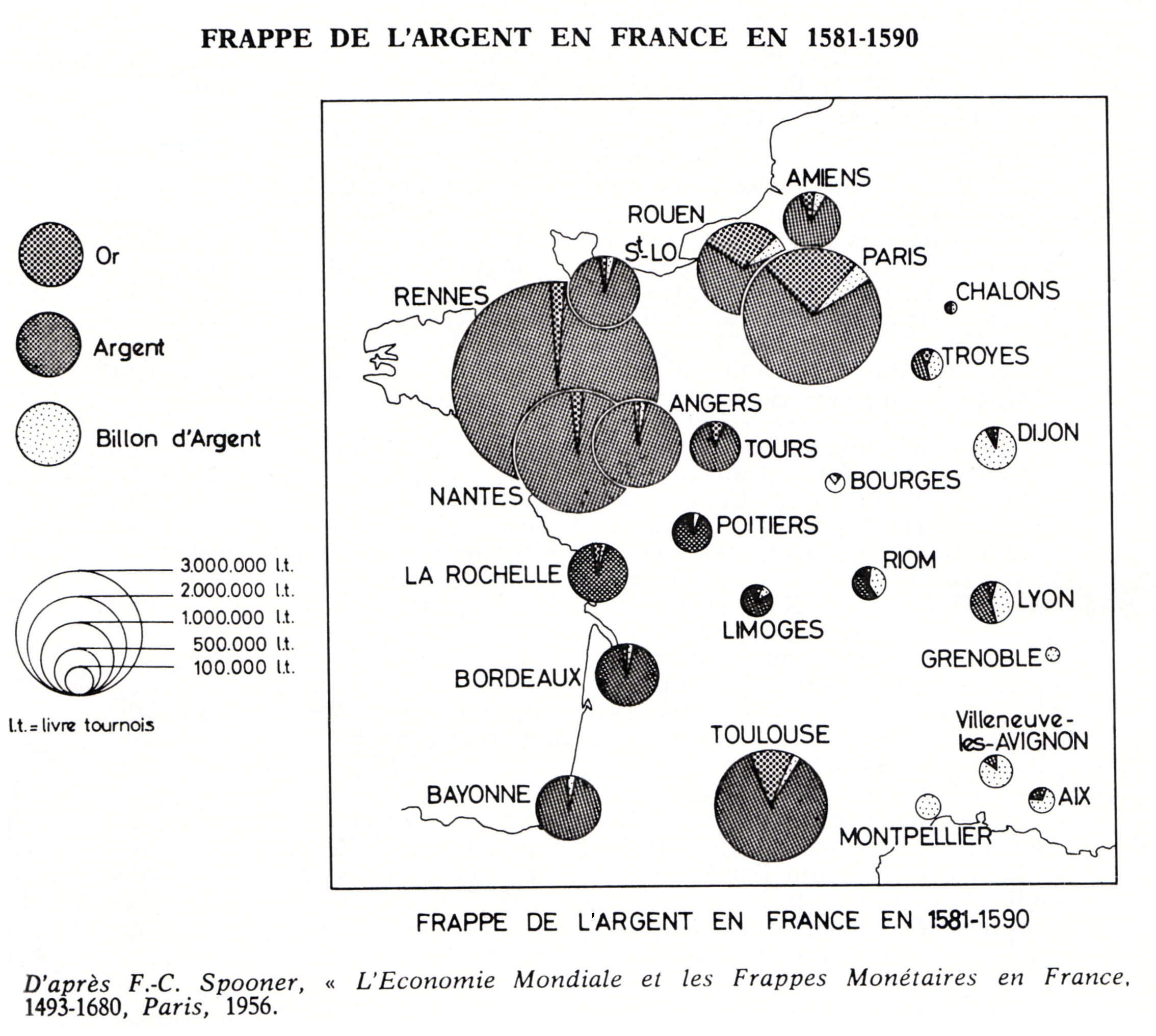 <i>Frappe de l\'argent en France en 1581-1590</i>. Carte parue aux éditions Skol Vreizh Morlaix. Cliquer pour agrandir.