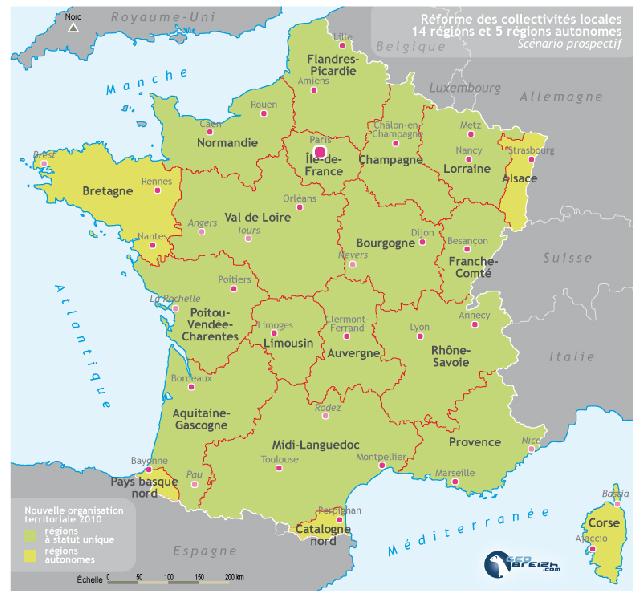 Scénario prospectif d\'une réorganisation territoriale de l\'Hexagone. Carte : Geobreizh.com