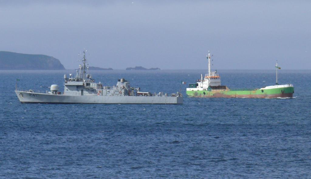 Irish Navy war ship on patrol to protect Shell\'s interests in County Mayo Ireland against protesters.