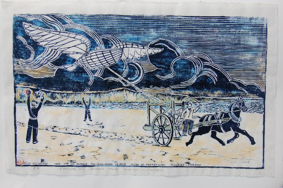 Bois gravé réalisé par Hervé Saliou de la représentation objective de l'envol de la Barque Ailée en 1856. Ce bois gravé sous forme d'ex-voto a été offert aux chapelles de Félicity en Californie; d'Etables sur-mer ainsi qu'à la chapelle de Sainte Anne la