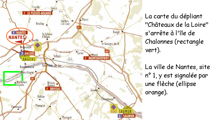 Extrait commenté du début de la carte du dépliant \"Châteaux de la Loire\". Voir le document entier en PDF.