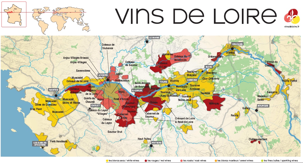 La carte de l\'appellation \"Vins de Loire\" redessinée par Interloire après l\'intégration du muscadet breton : La fleur de lys a remplacé l'hermine sur les étiquettes. On voit que les sous-appellations Cabernet d'Anjou ou du Haut-Poitou ou vins de Tour