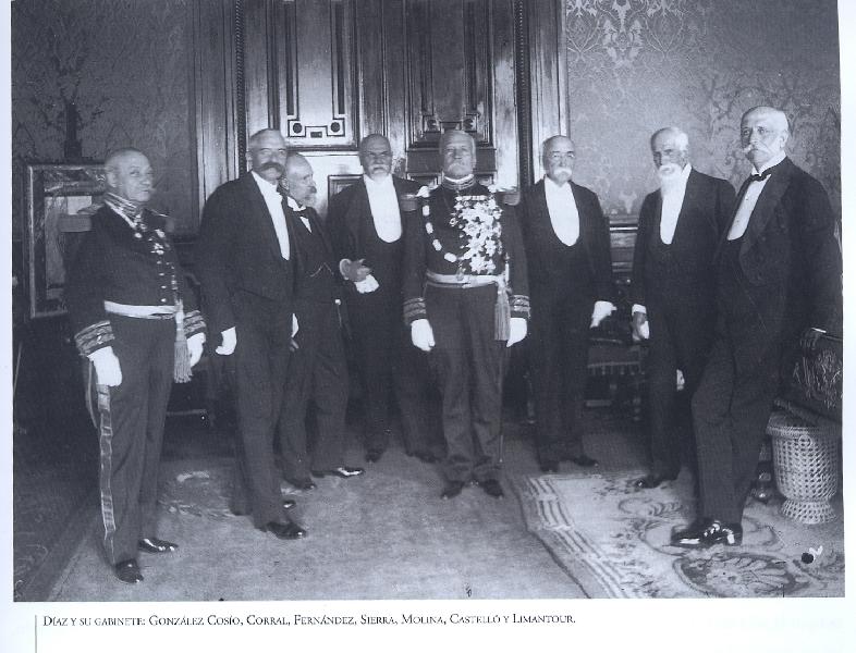 Un fils d\'immigré breton ministre des finances du général président Porfirio Diaz : Limantour. Diaz et son Cabinet : González Cosío ; Corral ; Fernández ; Sierre – Diaz – Molina ; Casteo et Limantour.
