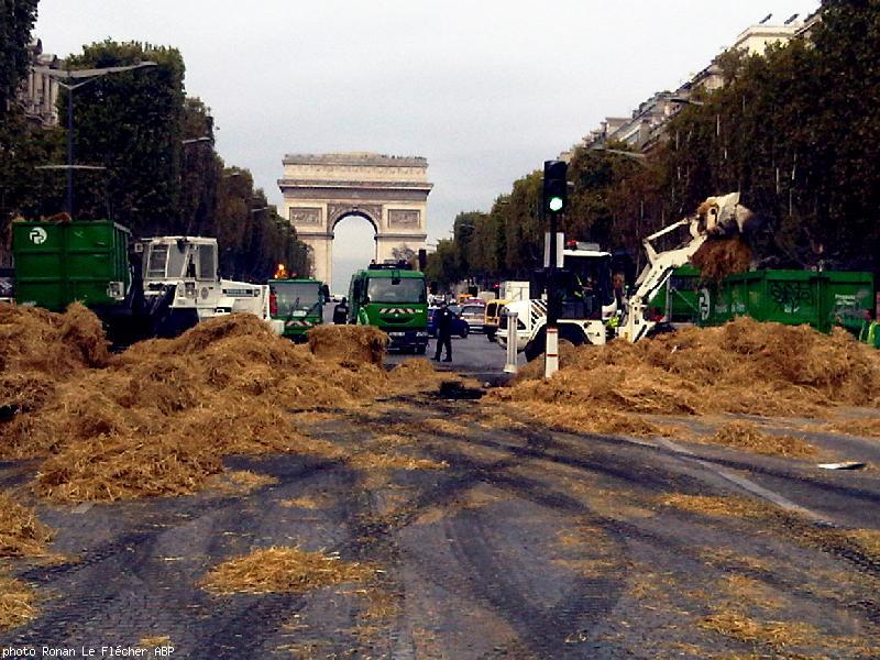 Deux heures après la démonstration de force des jeunes
agriculteurs ce 16 novembre les services de la maire de Paris
refont une beauté aux Champs-Élysées.