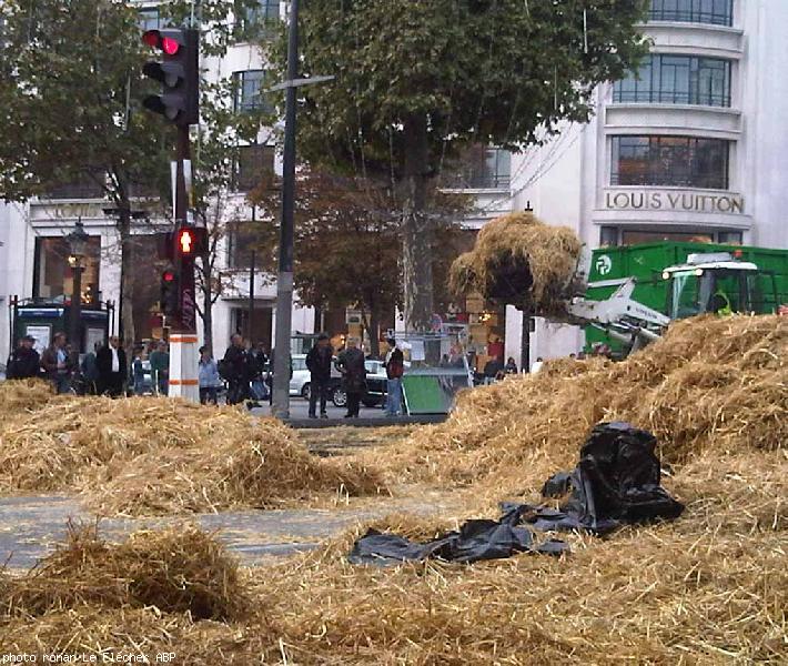 Le contraste entre deux mondes : le temple du luxe Louis Vuitton
et les paysans en crise.