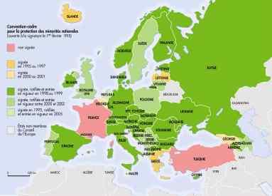 Carte des signataires de la Convention-cadre pour la protection des minorités nationales.
<br>Carte extraite de l’Atlas des minorités en Europe. Cartographie de Cécile Marin © Editions Autrement Paris 2005. Avec l\'aimable autorisation des Editions Autre