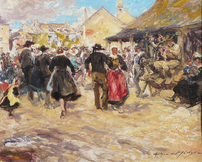 “Danse place des Halles” Le Faouët. Huile sur isorel d\'<b>Arthur Midy</b> (1877-1944). Collection particulière.