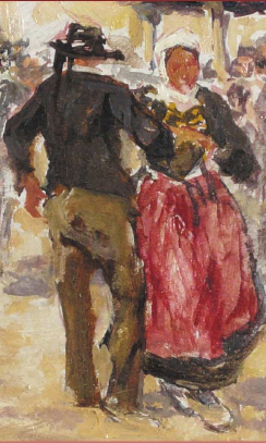 “Danse place des Halles” Le Faouët. Huile sur isorel d\'<b>Arthur Midy</b> (1877-1944). Collection particulière. détail.