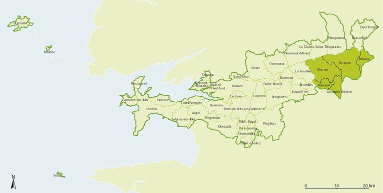 Parc naturel régional d'Armorique. Carte situant le Pays de Huelgoat.