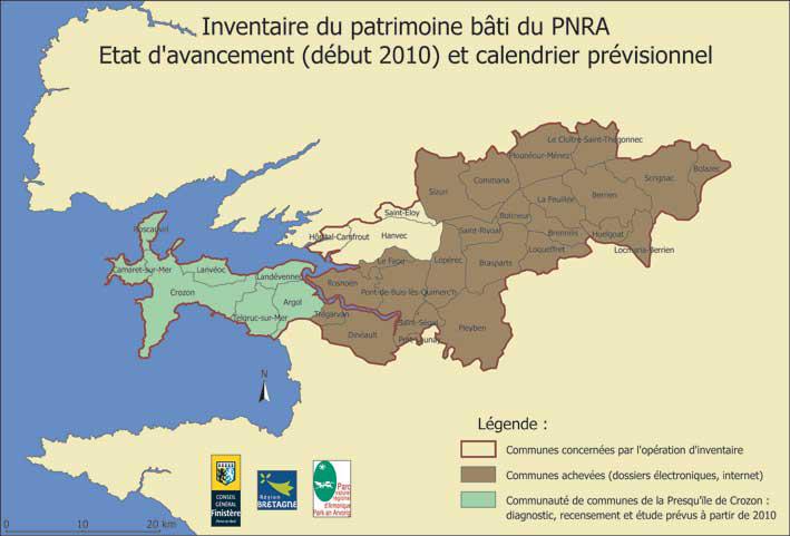 Parc naturel régional d'Armorique. Carte d'avancement de l'inventaire début 2010.