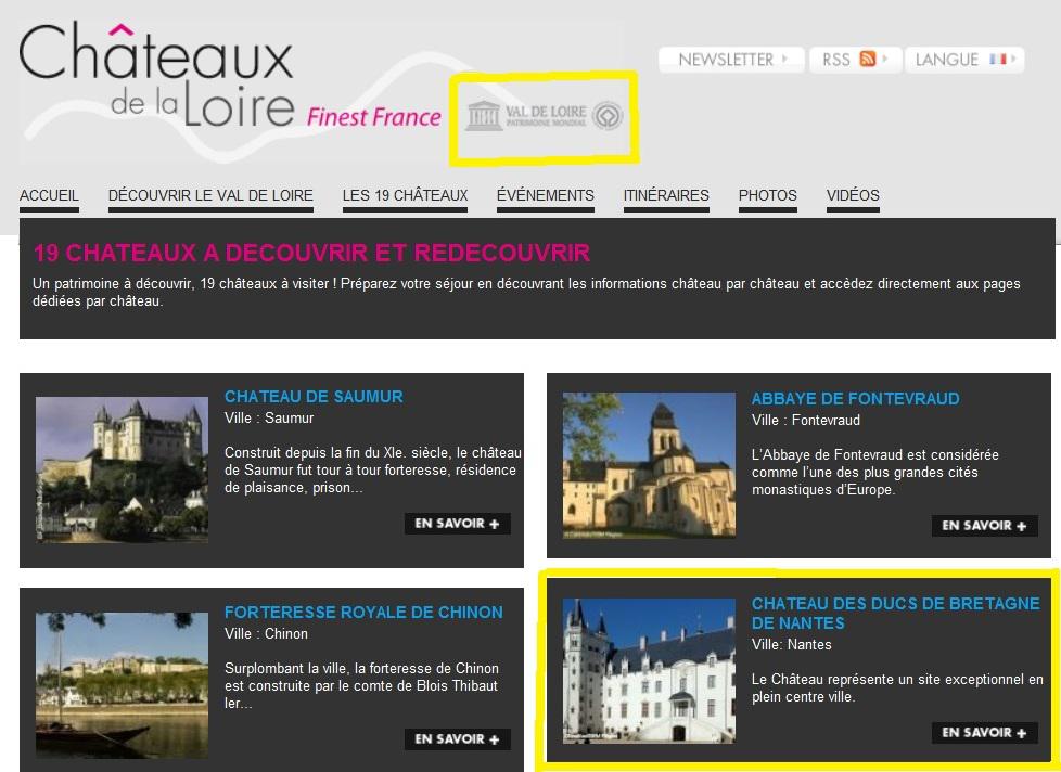 Autre copie d'écran du site. Le château de Nantes y figure bien.