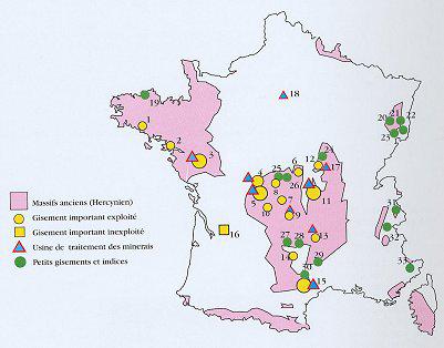 L\'uranium en France. Ronds jaunes : gisements exploités. Carrés jaunes : inexploités. Sans date.