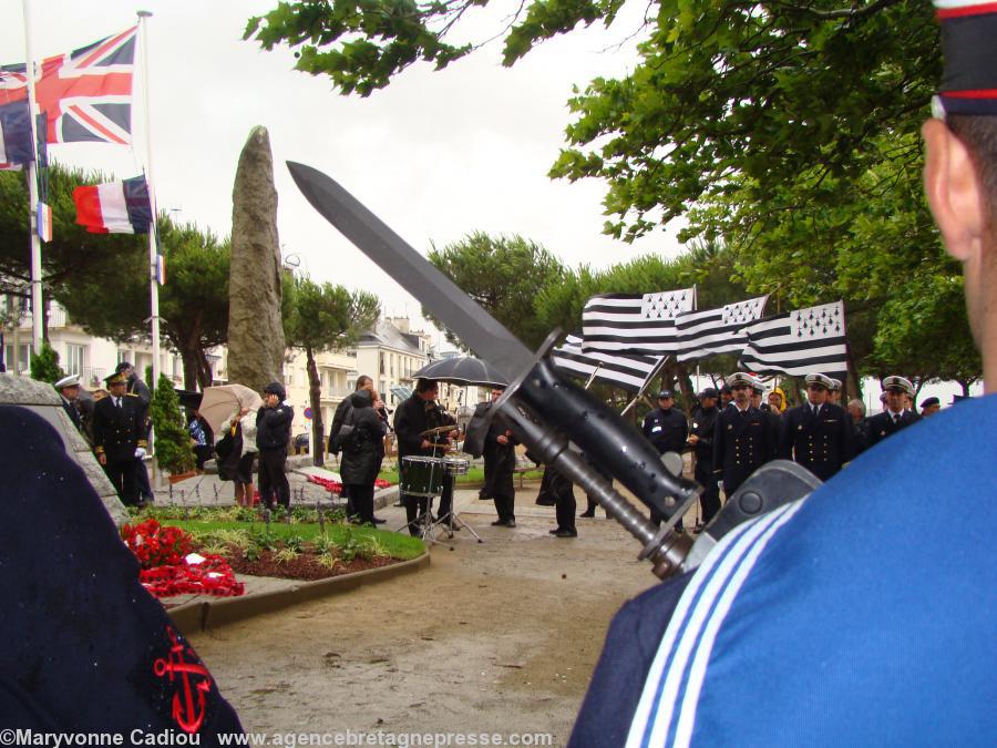 The memorial place is decked out with the Union Jack. The <i>menhir</i> is the monument to the St Nazaire raid. The memorial place is decked out with the Union Jack. The <i>menhir</i> is the monument to the St Nazaire raid.