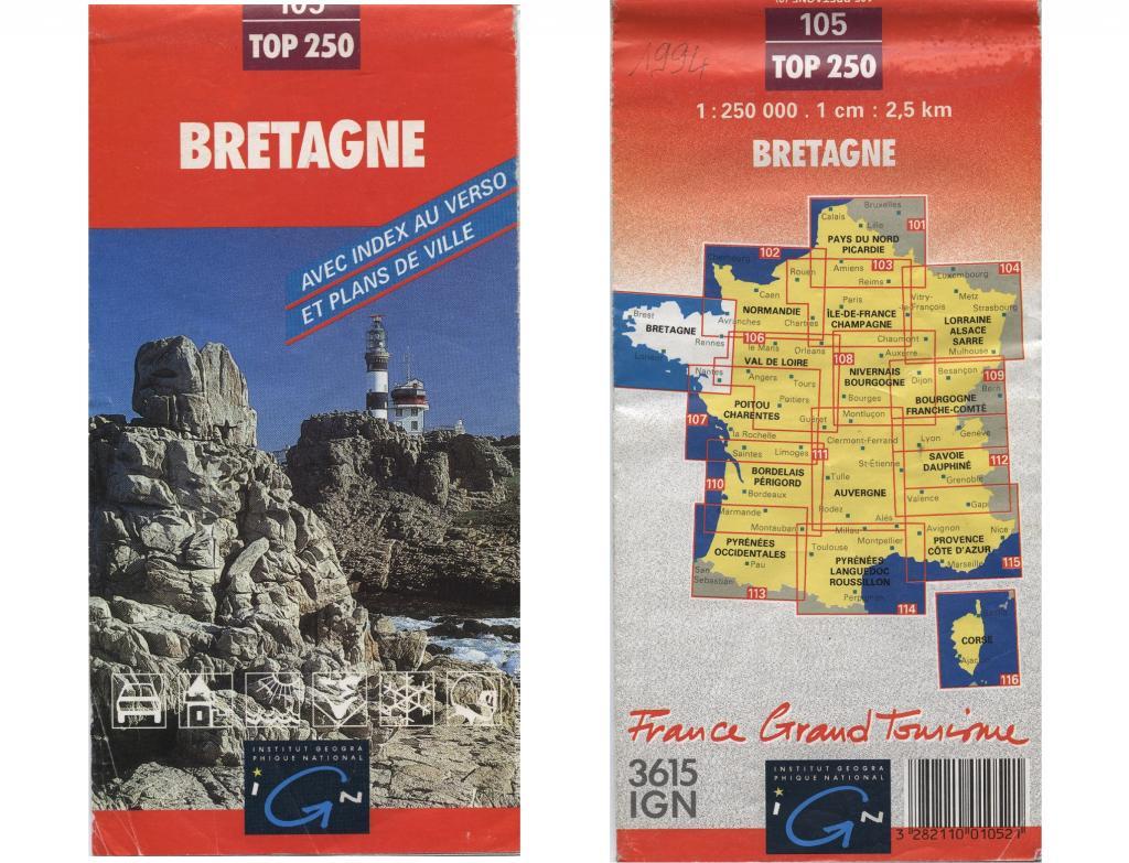 Édition 1994 couvertures. Au recto une photo de Ouessant (phare du Creac’h et sémaphore). Pas de litige question carte alors. Au verso les 15 régions plus la Corse.