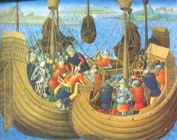 Jeanne of Flanders called “the Flame” on a Breton warship (the left one) with a half-Breton half-Flanders livery. XVIIth century illuminated book : The <i>Compilation des cronicques et Ystoires des Bretons</i>. Ed. D\'Hozier. Paris 1637. By <b>Pierre Le Baud</b>.