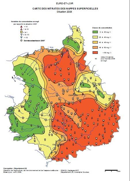Nitrates en Beauce : la situation est particulièrement critique dans les communes en rouge (2008).