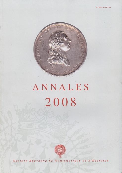 Revue <i>Annales</i> de la Société Bretonne de Numismatique et d’Histoire. Couverture du n° de 2008. Médaille représentant Louis XV : <i>LUDOVICO XV OPTIMO PRINCIPI COMITIA ARMORICA</i> Revue <i>Annales</i> de la Société Bretonne de Numismatique et d’Histoire. Couverture du n° de 2008. Médaille représentant Louis XV : <i>LUDOVICO XV OPTIMO PRINCIPI COMITIA ARMORICA</i>