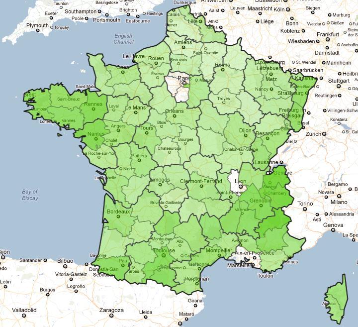 La carte du vote écologiste : la Bretagne se détache nettement.