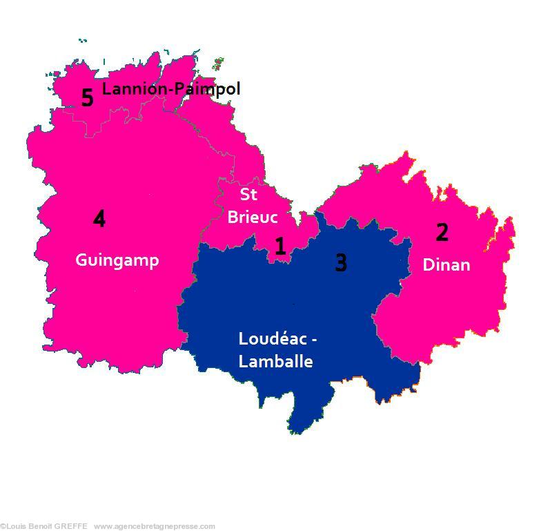 Les circonscriptions des Côtes d'Armor pendant la législature 2007-2012. Infographie ABP.