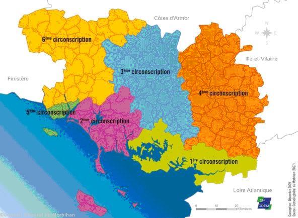 Les circonscriptions du Morbihan. Elles
n\'ont pas été réorganisées par le
redécoupage de 2010.