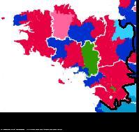 Couleur politique des circonscriptions
bretonnes d\'après le premier candidat
arrivé en tête. Infographie ABP.