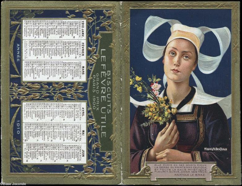 Publicité LU. Un calendrier de 1910 avec <i>La Bretonne au bouquet</i>. Lieu de conservation Marseille. Base Joconde. Publicité LU. Un calendrier de 1910 avec <i>La Bretonne au bouquet</i>. Lieu de conservation Marseille. Base Joconde.