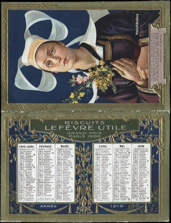 Publicité LU. Calendrier de 1910 avec <i>La Bretonne au bouquet</i>. Lieu de conservation Marseille. <b>Cliquer pour voir le tableau en entier</b>. Publicité LU. Calendrier de 1910 avec <i>La Bretonne au bouquet</i>. Lieu de conservation Marseille. <b>Cliquer pour voir le tableau en entier</b>.