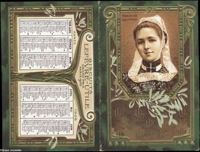 LU et la Bretagne : <i>Mariée de Quimper</i> sur ce calendrier de 1908 (oeuvre anonyme). Lieu de conservation Marseille. LU et la Bretagne : <i>Mariée de Quimper</i> sur ce calendrier de 1908 (oeuvre anonyme). Lieu de conservation Marseille.