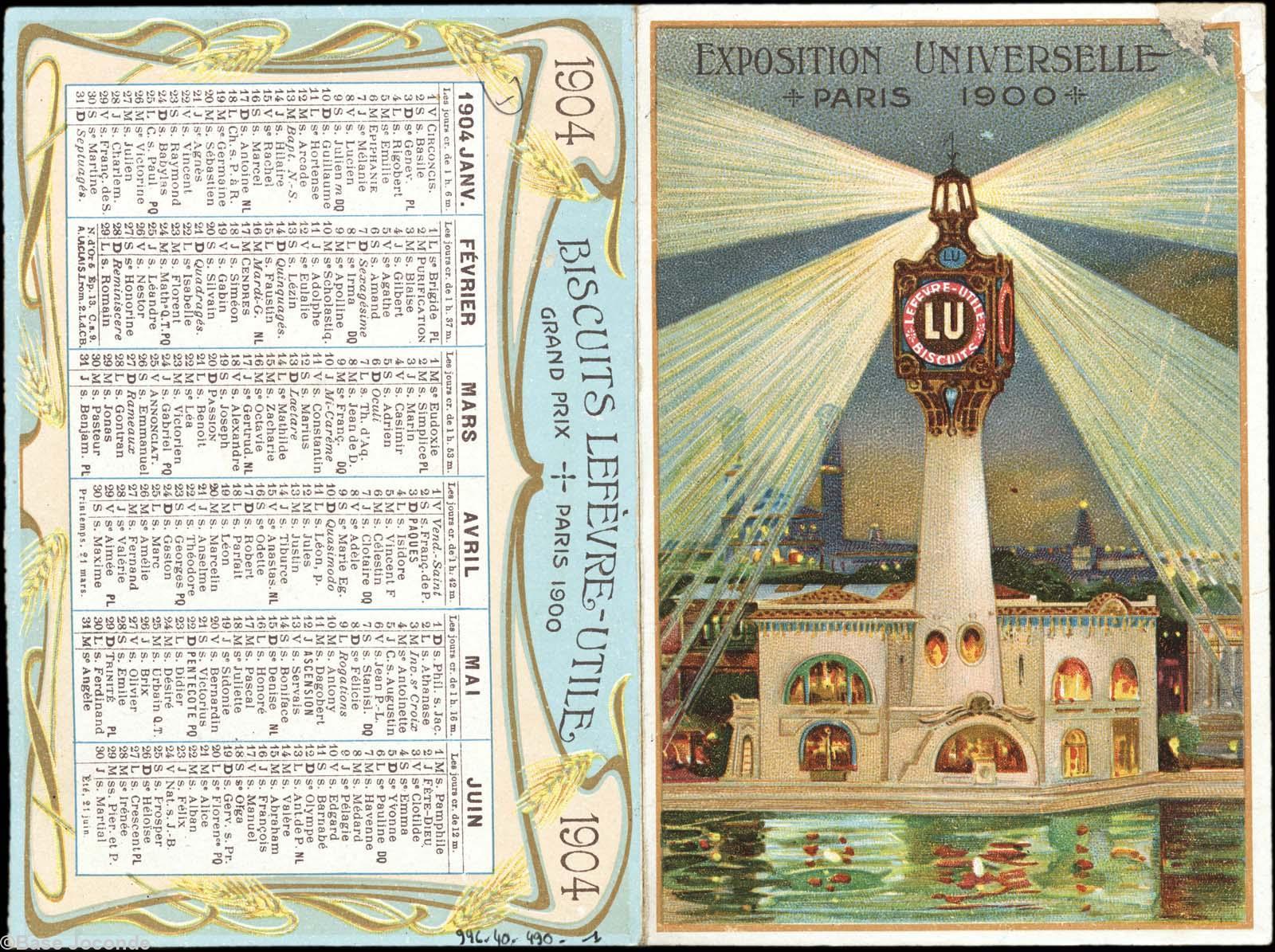 Publicité LU. Calendrier 1904. Reproduction de la vue du pavillon LU à l\'exposition universelle de Paris en 1900 avec l\'emblématique phare LU. Conservation Marseille. Publicité LU. Calendrier 1904. Reproduction de la vue du pavillon LU à l\'exposition universelle de Paris en 1900 avec l\'emblématique phare LU. Conservation Marseille.