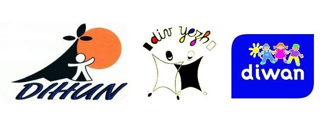 Logos des trois D.  : les trois filières d'enseignement du breton en Bretagne (plus Diwan à Paris).