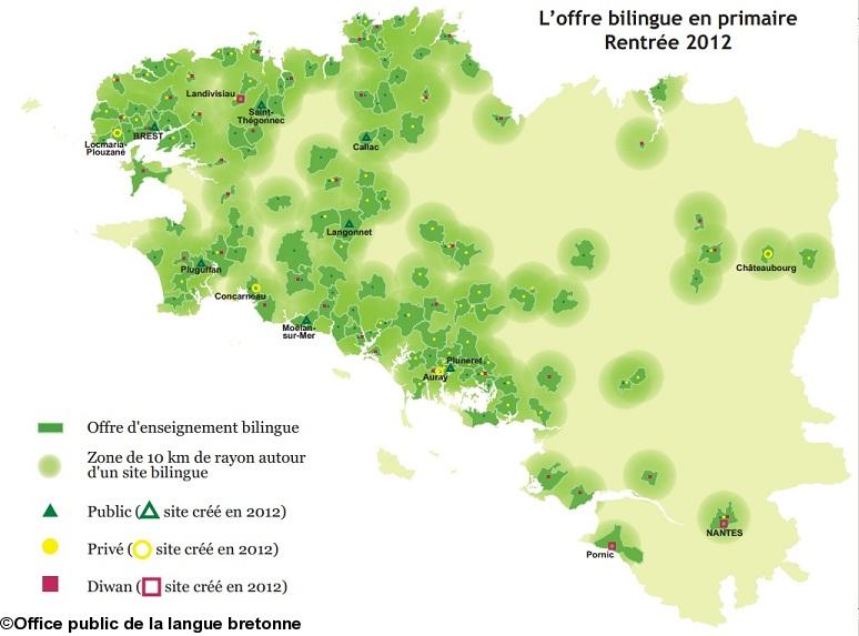 Carte des nouvelles offres d\'enseignement bilingue en Bretagne pour la rentrée 2012.