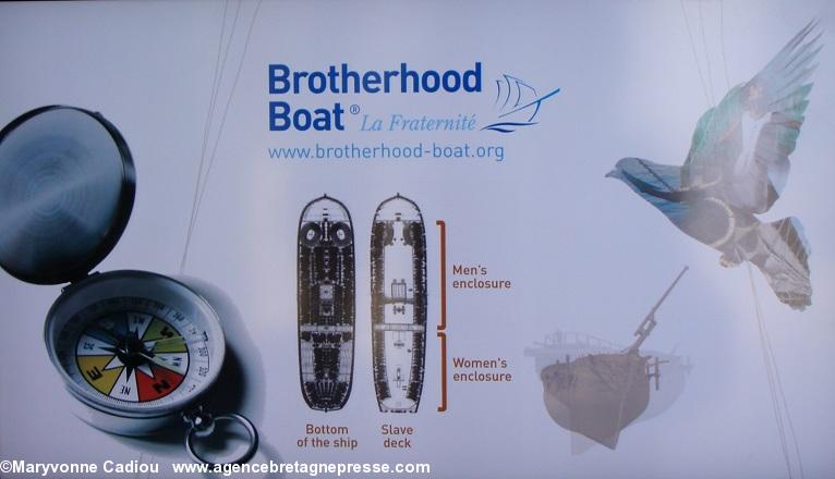 Dans le conteneur-bureau l\'affiche en anglais du projet du bateau La Fraternité.