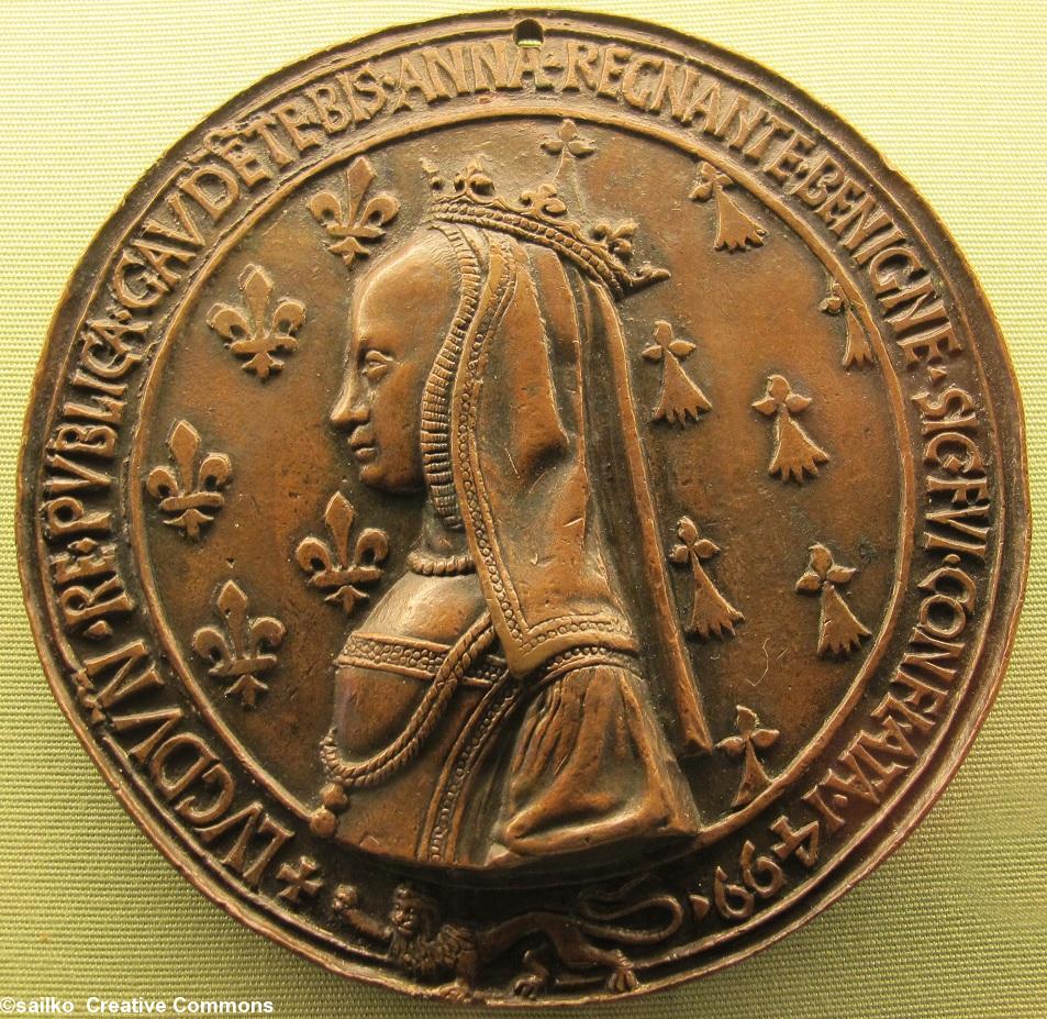 Anne de Bretagne. Médaille réalisée comme celle de Louis XII pour leur passage à Lyon en 1499. Conservée à Munich. Anne de Bretagne. Médaille réalisée comme celle de Louis XII pour leur passage à Lyon en 1499. Conservée à Munich.