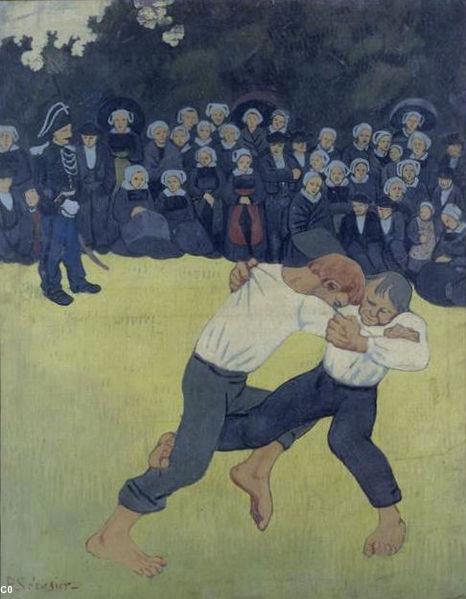 \"La lutte bretonne\" de Paul Sérusier. Huile sur canvas de 1890.