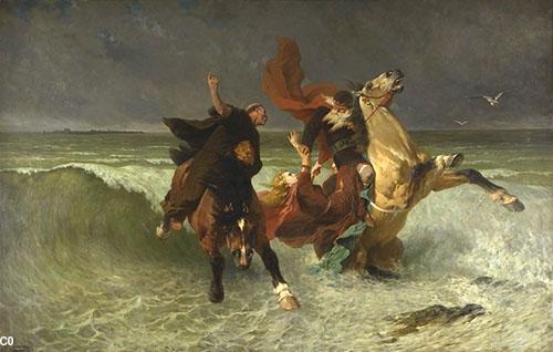 «La fuite du roi Gradlon» selon Évariste-Vital Luminais (1822-1896) peinture réalisée vers 1884, musée des beaux-arts de Quimper.
