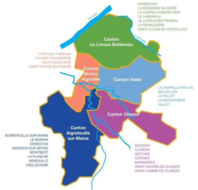 Carte des cantons du Pays du Vignoble nantais.