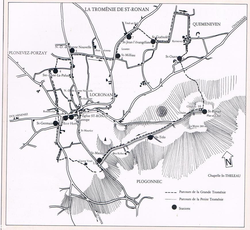 Locronan dans le Porzay avec représentation de la Montagne de Locronan et des parcours des troménies. Vient de &#8220;Tro Menez&#8221;, tour de la montagne en breton.