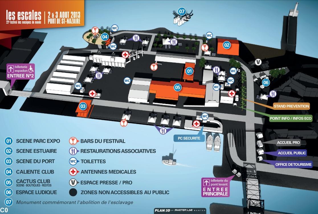 Plan des sites du Festival Les Escales de Saint-Nazaire les 2 et 3 août 2013.