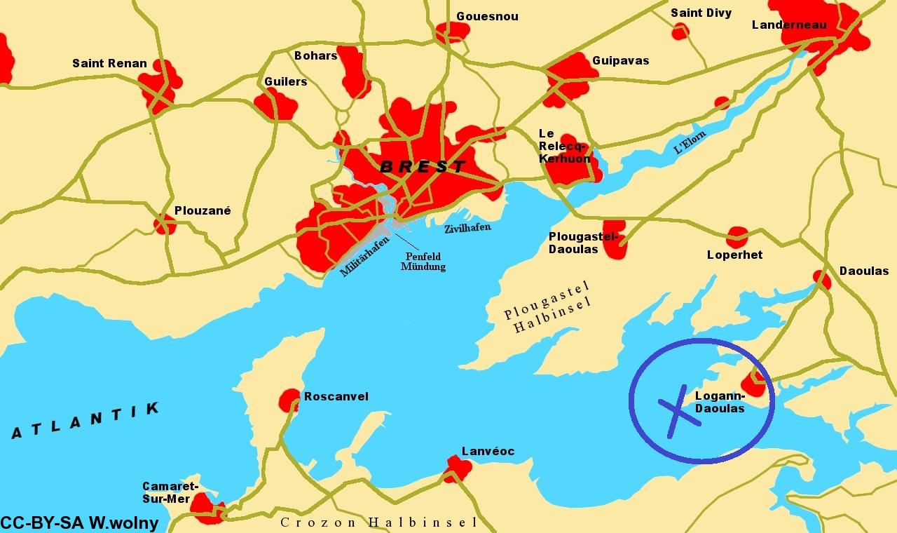 Brest la rade, les presqu\'îles et la pointe du Bendy en bleu. Brest la rade, les presqu\'îles et la pointe du Bendy en bleu.
