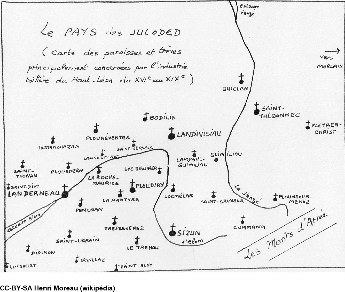 Carte du pays des “juloded”, ou carte des paroisses et trèves concernées par l'industrie toilière du Haut-Léon du XVIe au XIXe siècle. Carte du pays des “juloded”, ou carte des paroisses et trèves concernées par l'industrie toilière du Haut-Léon du XVIe au XIXe siècle.