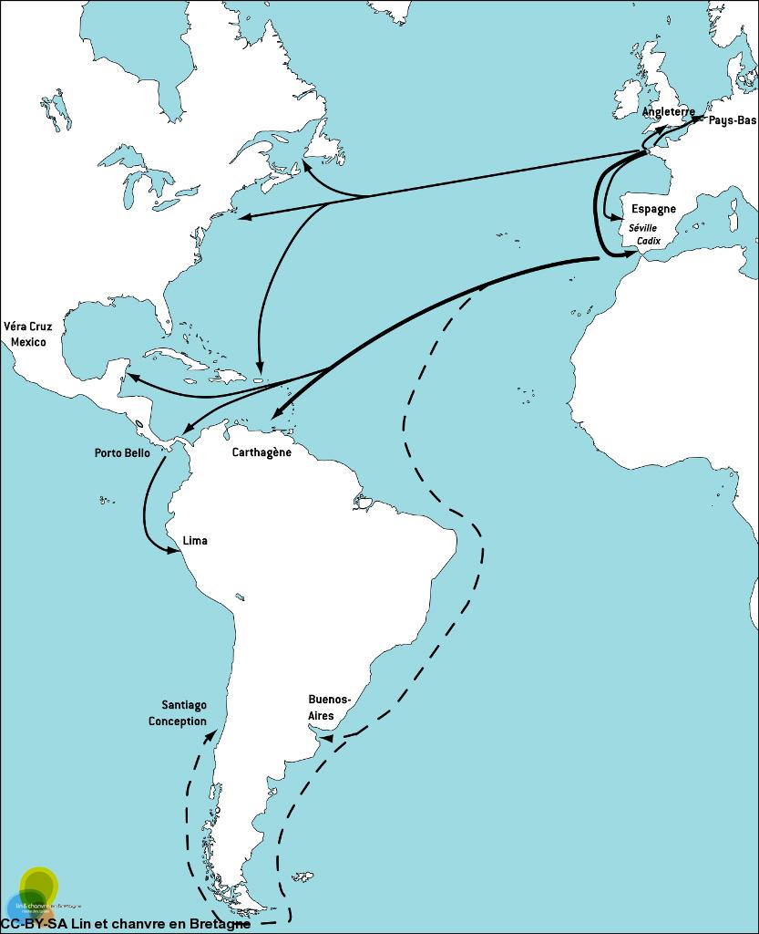 Carte maritime des exportations des toiles bretonnes. Carte maritime des exportations des toiles bretonnes.