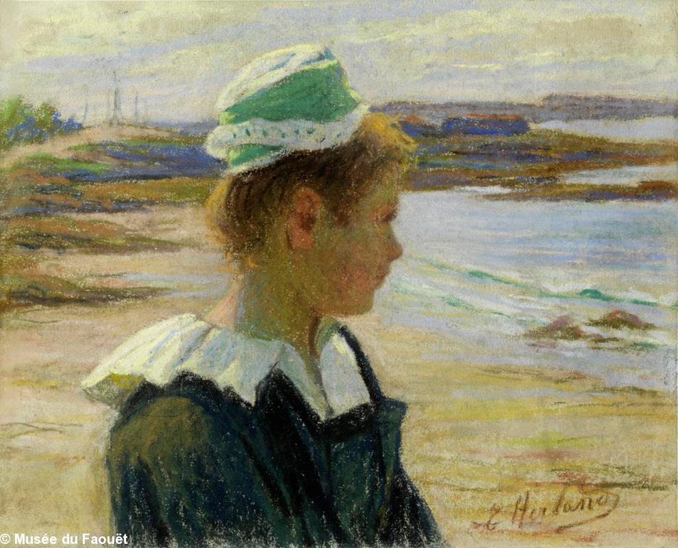 Jeune Concarnoise, par Emma Herland (1855-1947). Affiche et catalogue, ce portrait a bien plus au musée. Collection Denise Delouche.