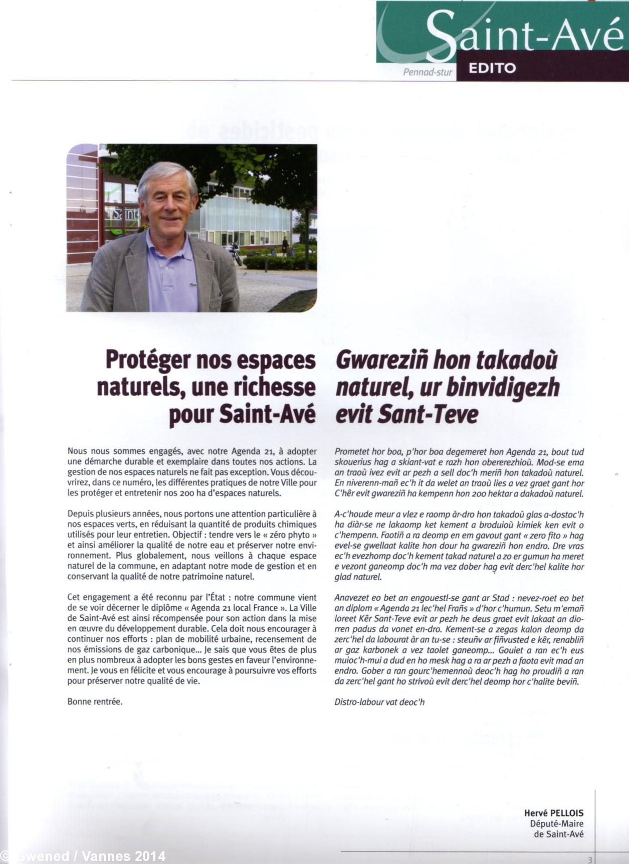 Editorial du bulletin municipal de Saint-Avé, près de Vannes
