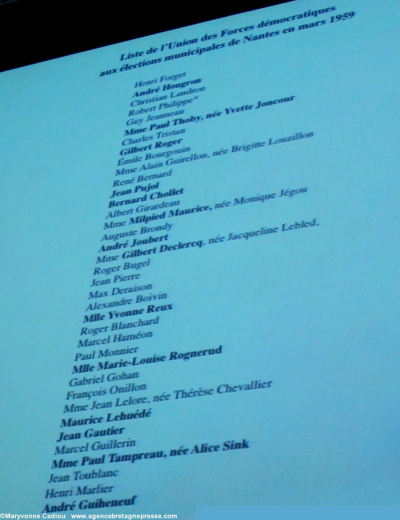 Liste de l’Union des Forces démocratiques aux élections municipales de Nantes en mars 1959 (en gros futurs membres du PSU). Liste de l’Union des Forces démocratiques aux élections municipales de Nantes en mars 1959 (en gros futurs membres du PSU).