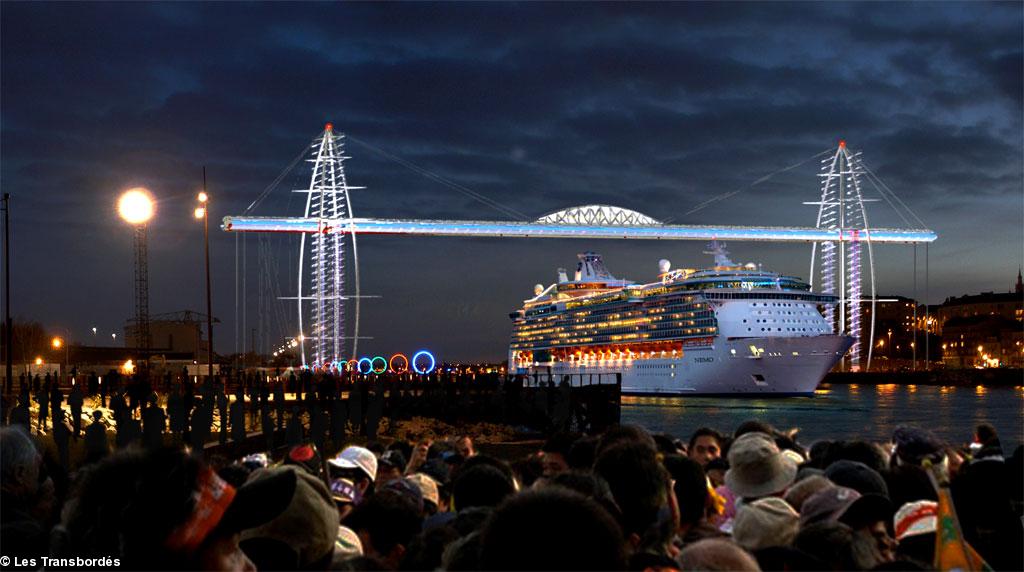 Panorama de nuit avec pont transbordeur. Montage image de synthèse. Site Les Transbordés.